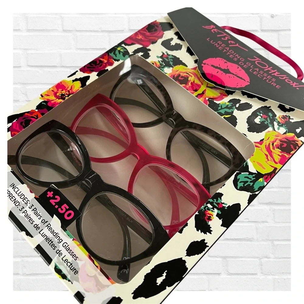 Betsey Johnson 3 Set Reading Cat Eye Glasses 2.50 Black Pink Tortoise Shell Set
